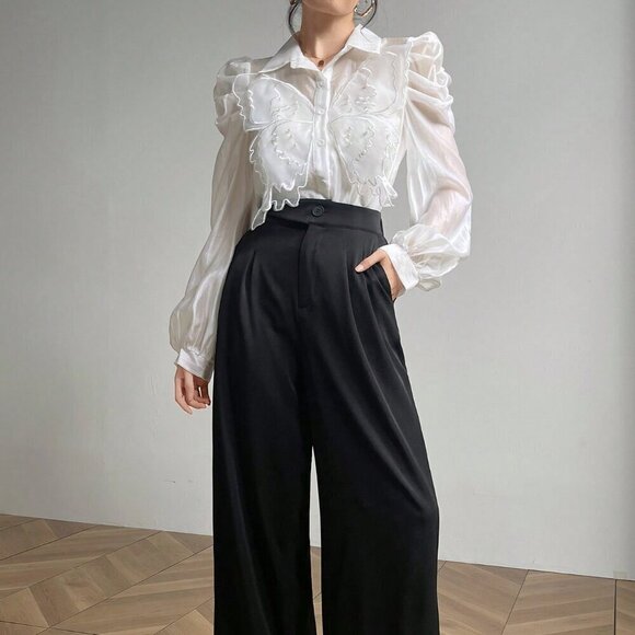 White Elegant Women's 3D Butterfly Decorated Puff Sleeve Blouse - Picture 7 of 8